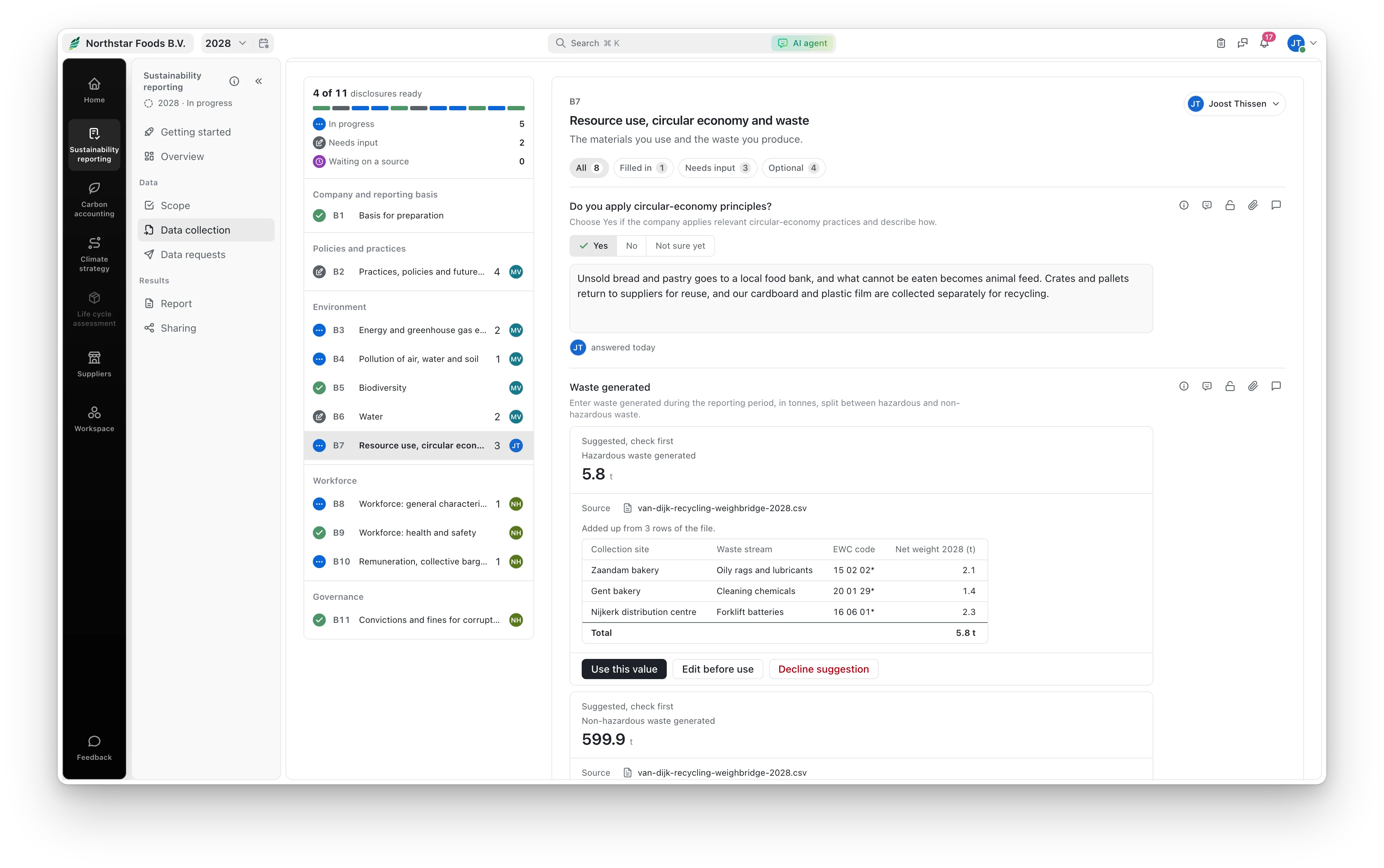 Data collection: a circular-economy answer typed in, then waste figures added up from the recycler's weighbridge file, with the rows behind them