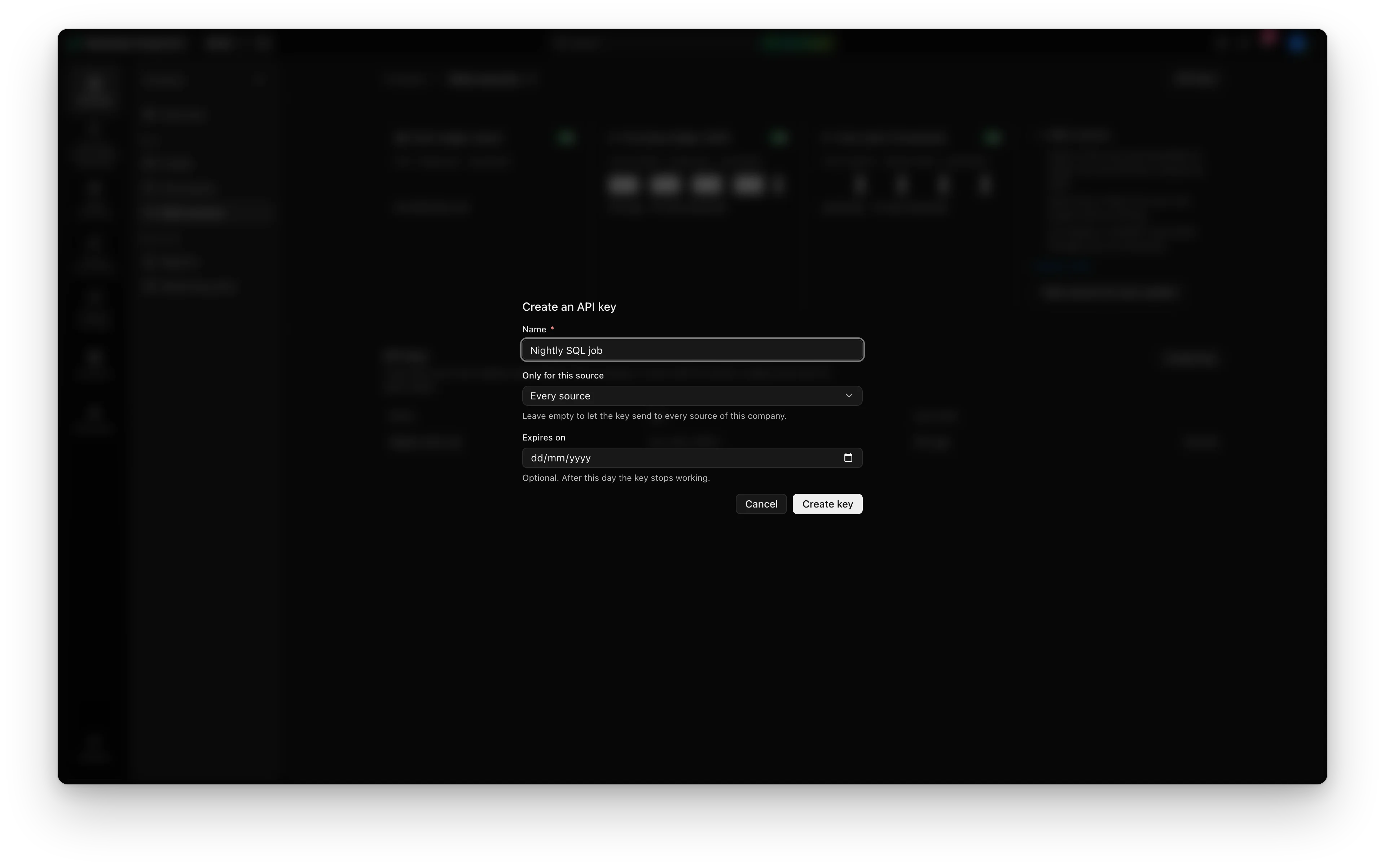 Create key: a name, the sources it may send to and an optional expiry date