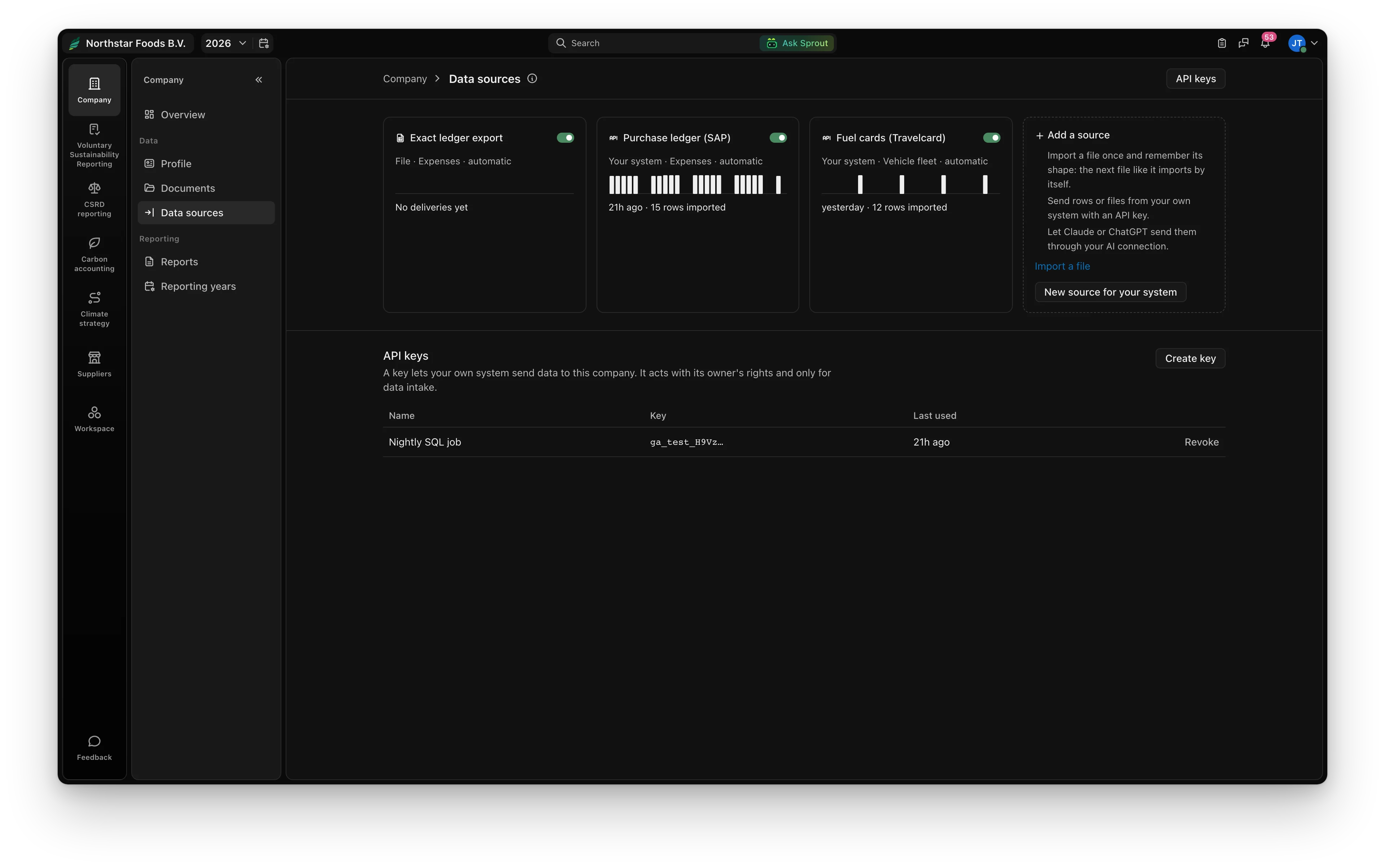 Data sources: the purchase ledger from SAP and the fuel cards, each with thirty days of deliveries, and the company's API keys