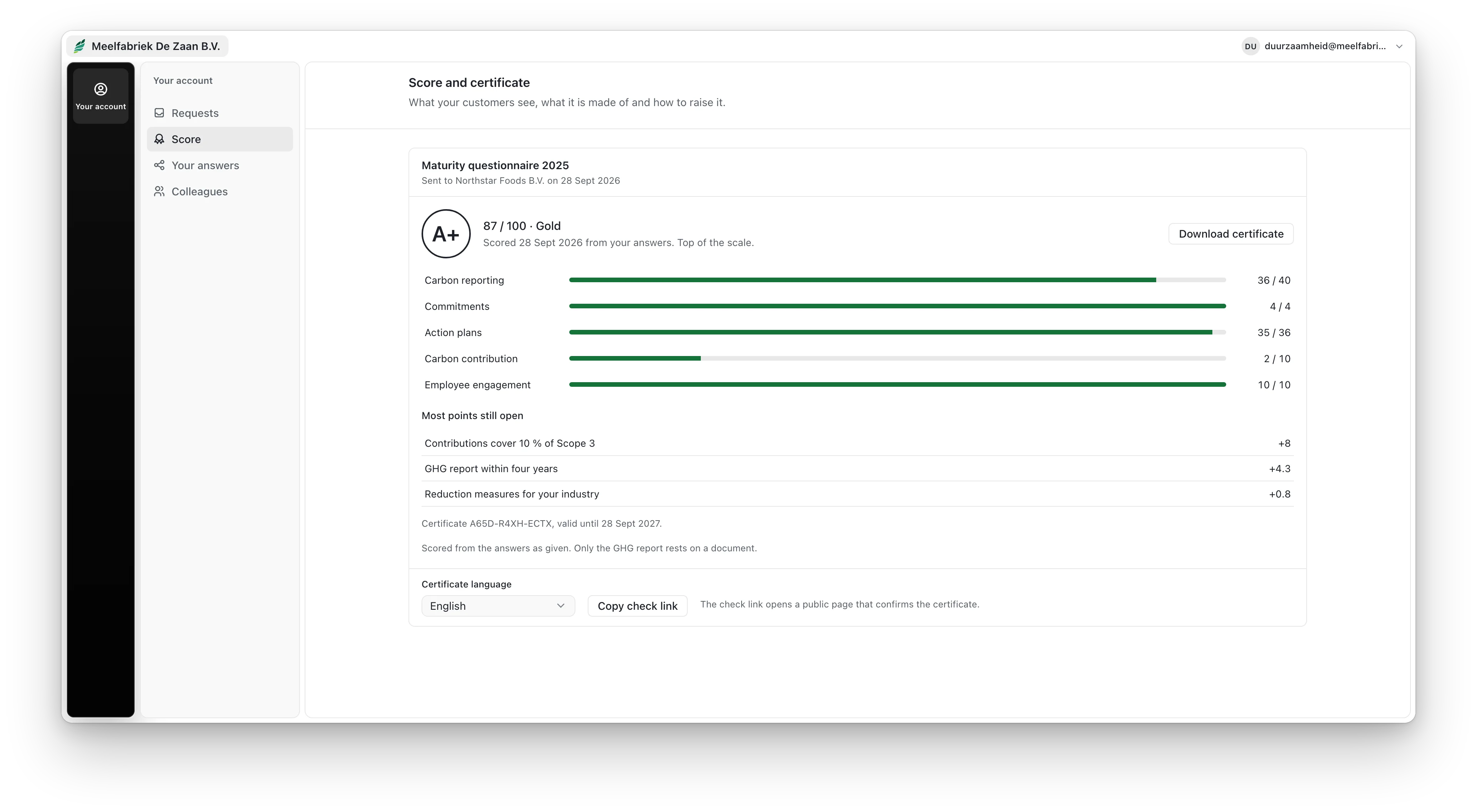 The supplier portal: a supplier's A+ score of 87 out of 100, the points per category and its certificate
