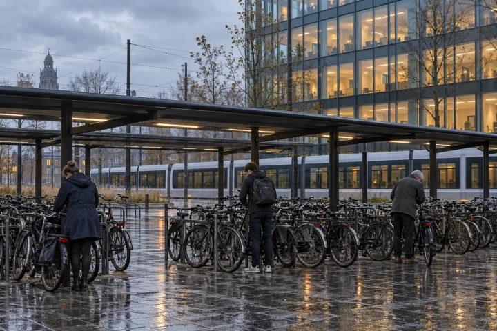 Empleados junto a sus bicicletas en un aparcamiento cubierto para bicicletas, junto a un edificio de oficinas en una mañana lluviosa, con un tranvía detrás