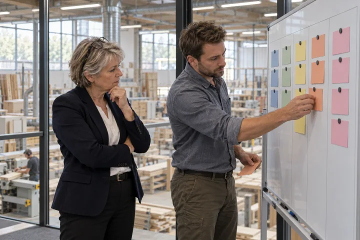 A finance director and an operations manager sorting blank cards into five columns on a whiteboard in a glass meeting room above a furniture workshop