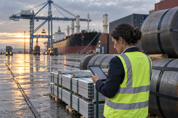 Een importcompliancemanager in een veiligheidshesje leest een tablet naast staalrollen en aluminiumprofielen die in een containerhaven zijn gelost