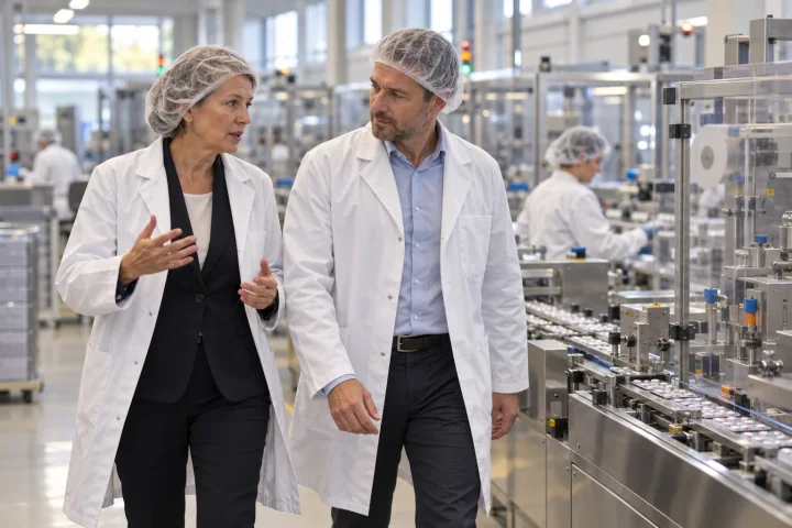 Un directeur du développement durable et une DRH longent la ligne de production d’une usine de conditionnement pharmaceutique en parlant de l’année à venir