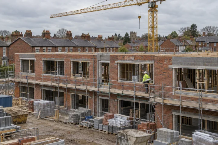 Un responsabile di cantiere che trasporta un disegno arrotolato lungo un ponteggio al primo piano in un cantiere scolastico, con case a schiera e una gru sullo sfondo