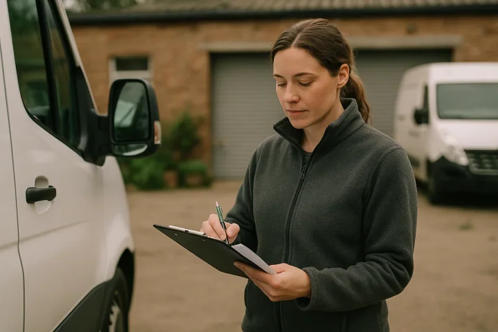 An operations manager reading a fuel card statement beside a delivery van in a company yard