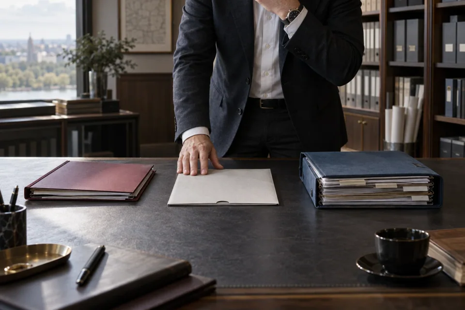 A business owner comparing a focused folder with a larger evidence binder