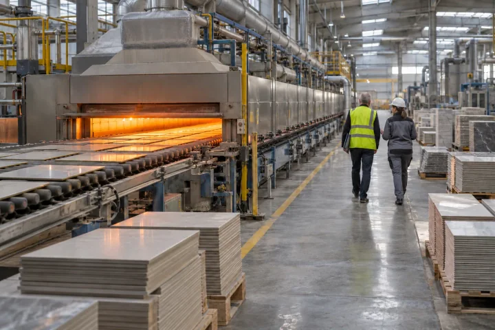 Un verificatore con un giubbotto ad alta visibilità e un responsabile di stabilimento che passano davanti a un forno a rulli luminoso e a pallet di piastrelle in ceramica
