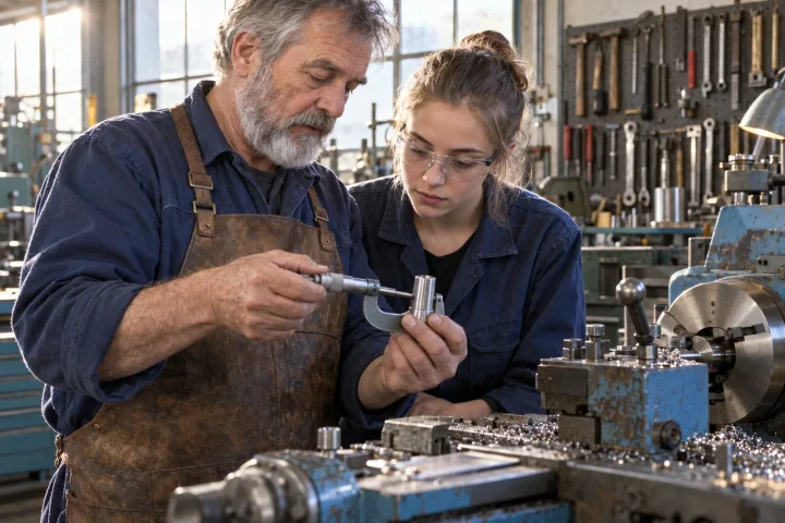 An older machinist showing a young apprentice how to measure a turned steel part with a micrometer beside a lathe