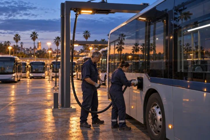 Ein Mechaniker und eine Mechanikerin schließen ein Ladekabel an einen elektrischen Stadtbus im Depot bei Einbruch der Dämmerung an