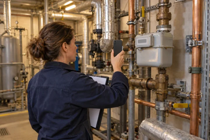Une responsable des installations photographiant un compteur de gaz parmi des tuyaux en cuivre, dans un local technique, son porte-bloc sous le bras