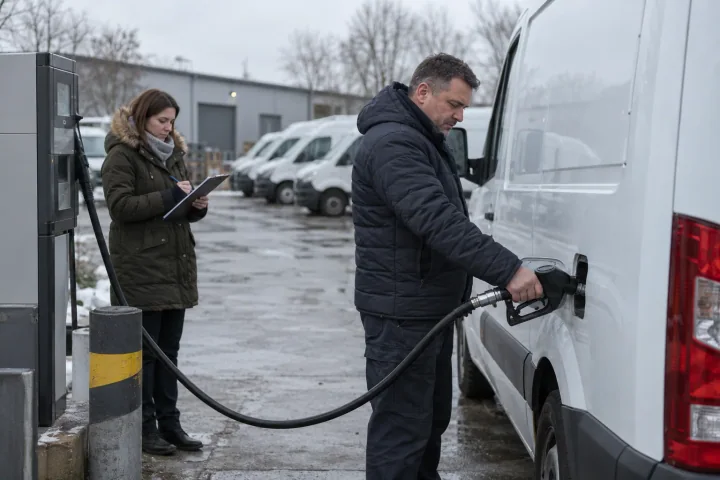 Un responsabile della flotta fa rifornimento a un furgone bianco presso una pompa carburante aziendale mentre una collega annota il valore su una cartellina