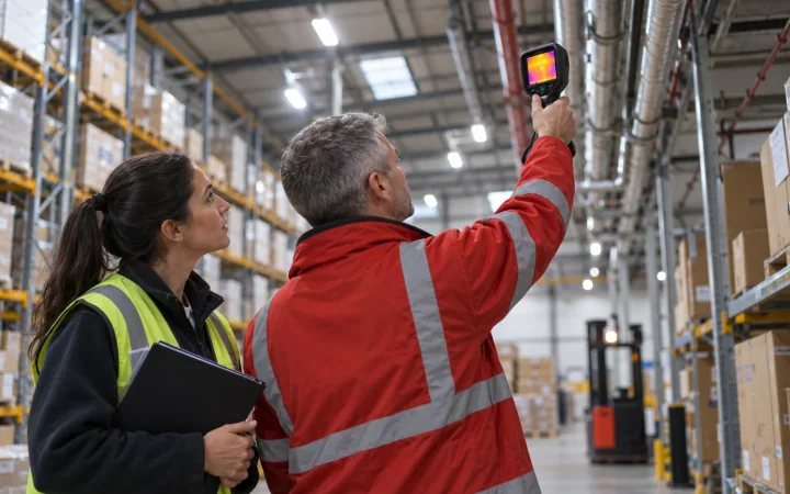 An energy assessor checking heating pipes with a thermal camera in a warehouse while the site manager listens