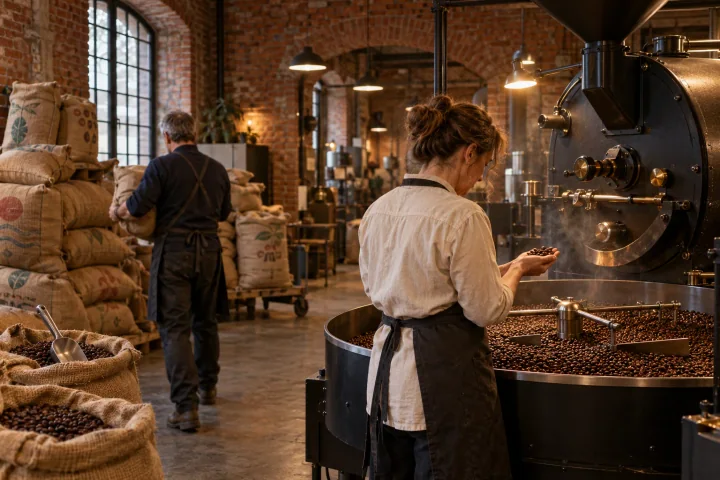 Ein Röster prüft frisch geröstete Kaffeebohnen an einer Trommelröstmaschine, während ein Kollege einen Jutesack durch ein Backsteinlager trägt