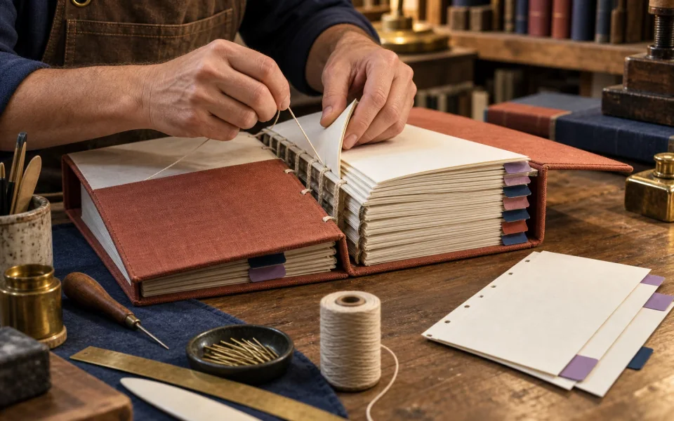 A bookbinder carefully replacing a few pages in an established technical binder