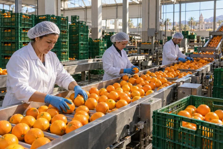 Personas trabajadoras con batas blancas y redecillas clasificando naranjas en una línea de envasado junto a cajas verdes apiladas