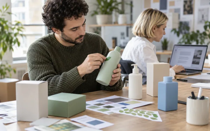 Ein Marketingmanager zieht in einem kleinen Büro einen grünen Blattaufkleber von einer Produktflasche
