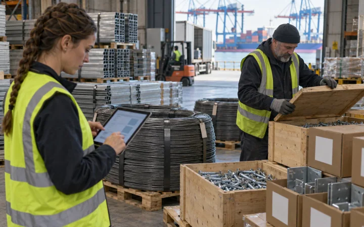 A logistics manager checking imported steel wire, screws and aluminium profiles in a port warehouse