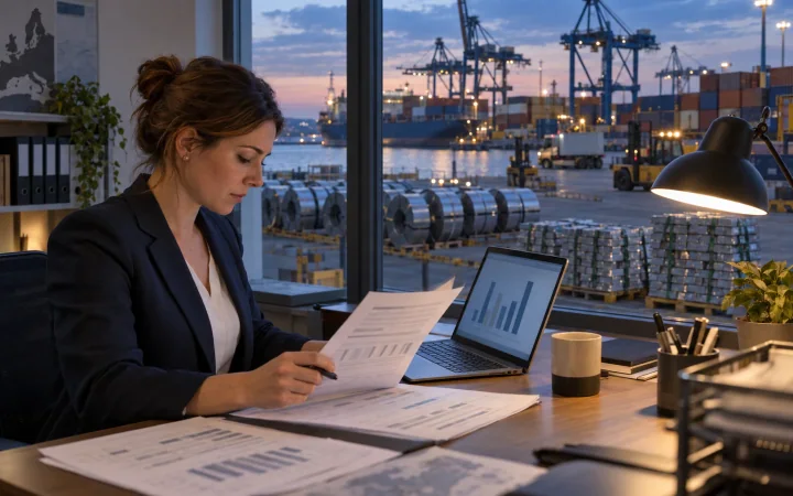 An import manager comparing a shipment list with a laptop in an office overlooking steel coils and aluminium on a port quay
