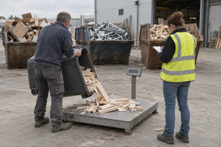 A worker tipping wood offcuts onto a floor scale while a colleague writes the weight in a logbook in a factory waste yard