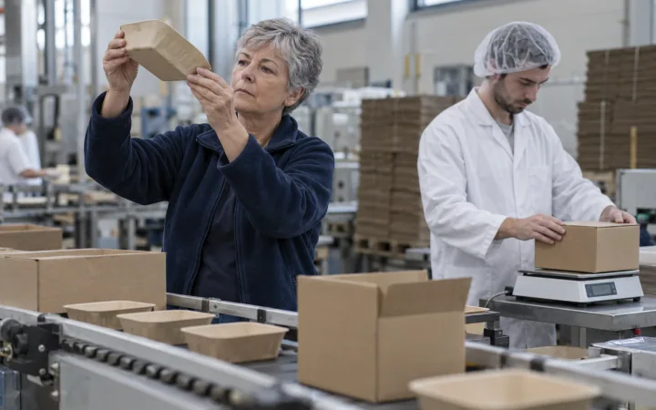 Eine Qualitätsmanagerin prüft eine Lebensmittelschale aus Papier neben einem Förderband mit Kartons in einem Verpackungsbereich