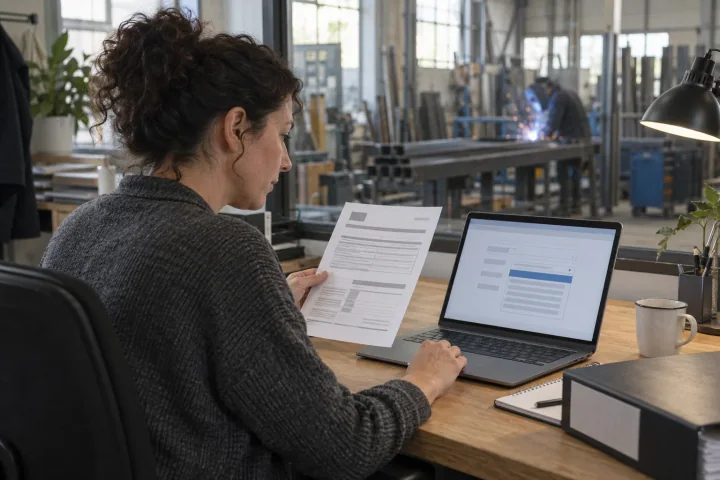 Eine Büroleiterin vergleicht an einem Schreibtisch in einer kleinen Werkstatt einen ausgedruckten Registerauszug mit einem Formular auf ihrem Laptop