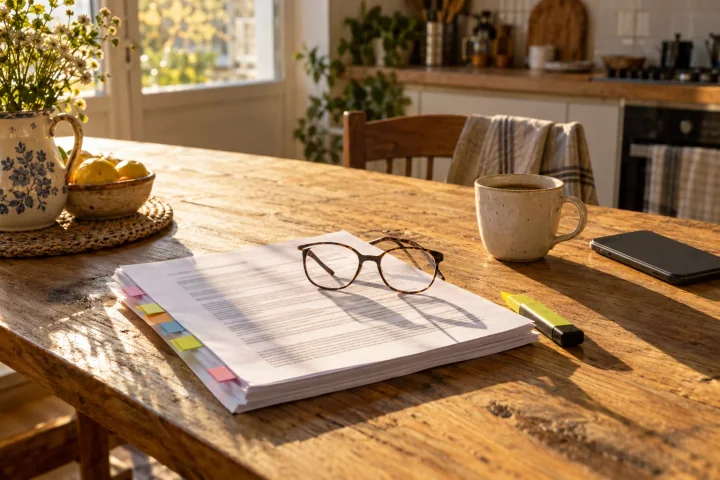 Una normativa impresa con pestañas de colores, gafas de lectura, un rotulador fluorescente y café sobre una mesa de cocina iluminada por el sol
