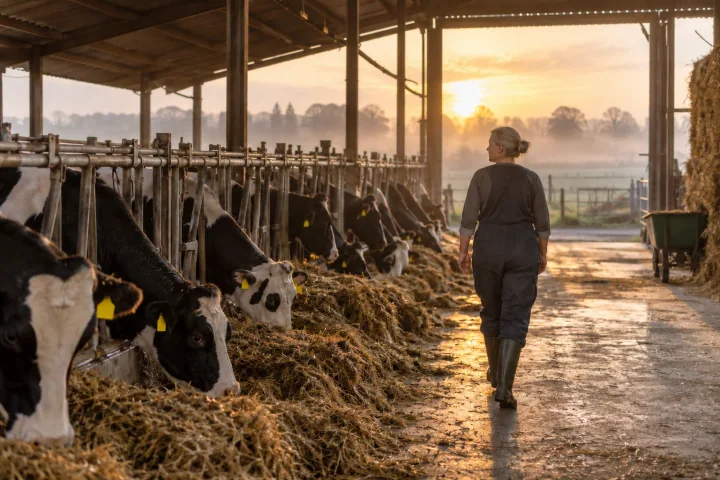 Un agricoltore che cammina lungo il corridoio di alimentazione di una stalla da latte all’alba mentre mucche bianche e nere mangiano fieno