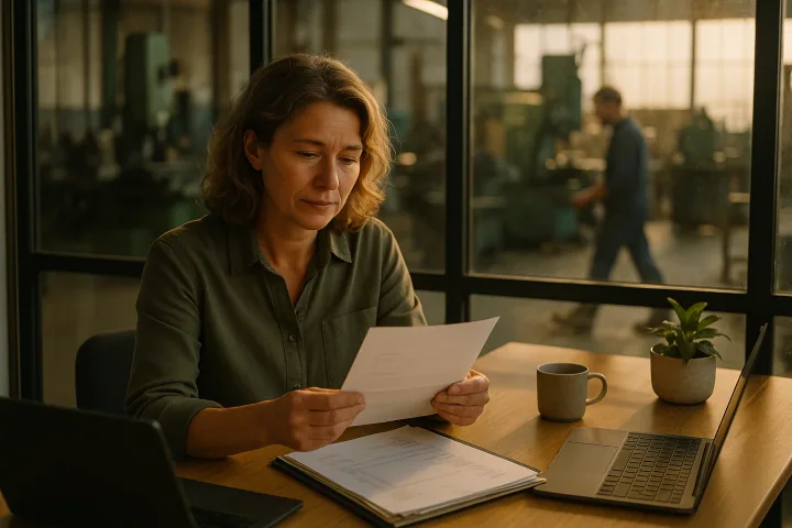 A company director reading a customer’s sustainability request at her desk in a workshop office
