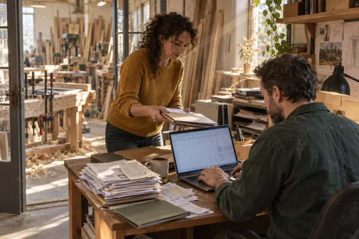 The owner of a joinery workshop entering figures into a spreadsheet beside a stack of bills while an office manager hands over another folder
