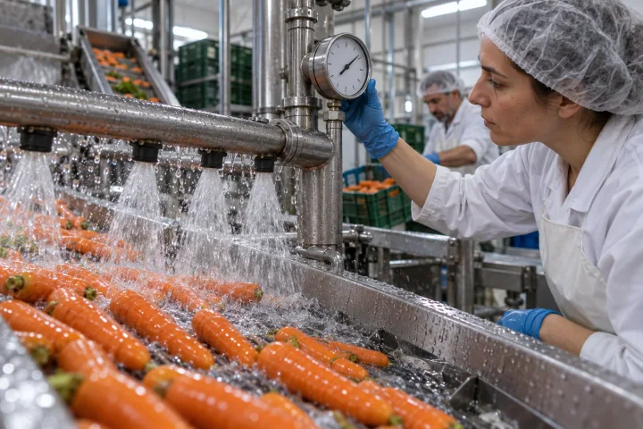 A worker checking a flow meter on a steel pipe beside a vegetable washing line while a colleague lifts a crate