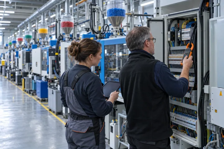 Un auditor energetico misura un cavo in un quadro elettrico con una pinza amperometrica mentre una tecnica tiene un tablet in un reparto di stampaggio