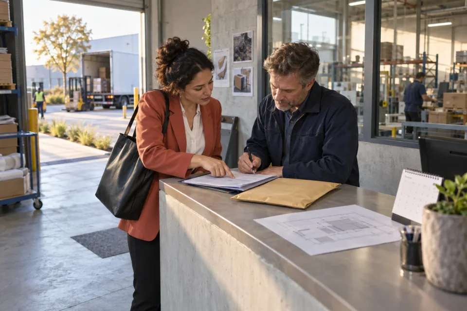 A customer and factory owner clarifying a questionnaire at the workplace