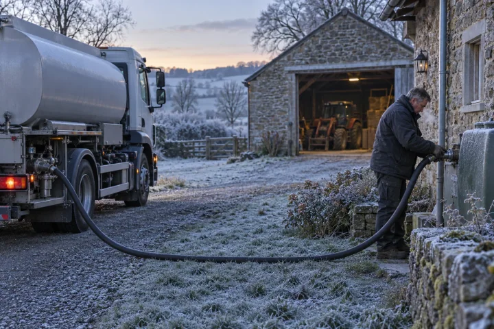 A driver holding the delivery hose at a heating oil tank beside a stone farmhouse on a frosty morning