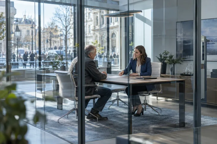 Une chargée de relation bancaire fait glisser un formulaire sur la table vers un chef d’entreprise, dans une salle de réunion aux parois vitrées