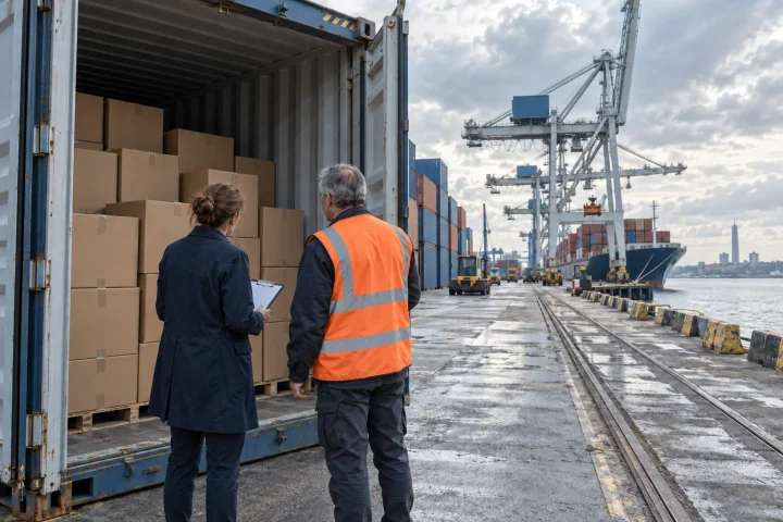 Eine Logistikleiterin und ein Prüfer schauen in einen offenen Schiffscontainer mit Kisten auf einem Hafenkai