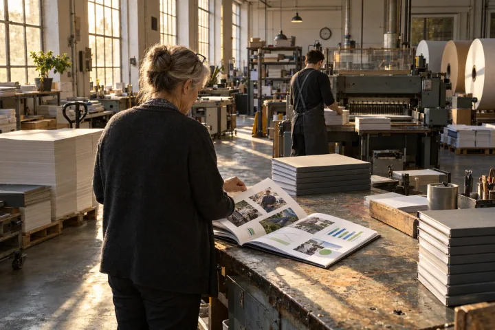 An operations director proofing a freshly bound report at a cutting table in a sunlit bindery while a young man stacks copies by the guillotine