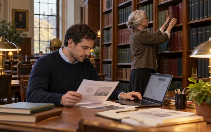 Bibliotekarka odkłada na półkę świeżo oprawiony tom w bibliotece prawniczej, a menedżer ds. zrównoważonego rozwoju porównuje dokumenty