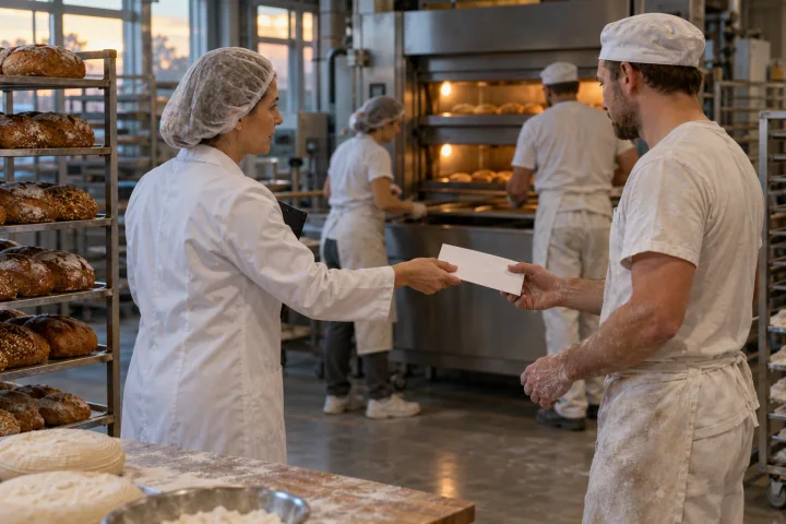 Una responsabile di produzione consegna una busta sigillata a un panettiere accanto a pagnotte in raffreddamento mentre due colleghi lavorano a un forno