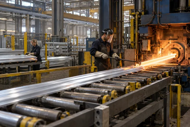 An operator in a face shield guiding a glowing aluminium profile out of an extrusion press while a colleague checks profiles further back
