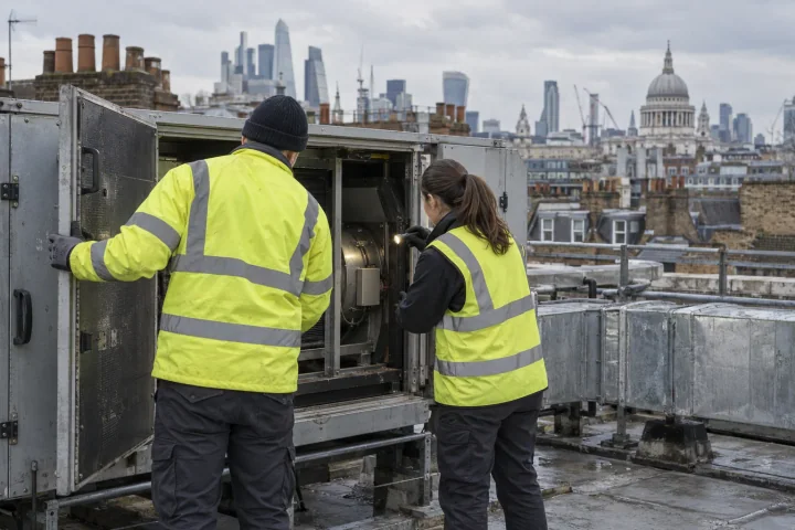 Un ingeniero de instalaciones abre una unidad de tratamiento de aire en la azotea mientras una compañera sostiene una linterna, con los tejados de Londres al fondo