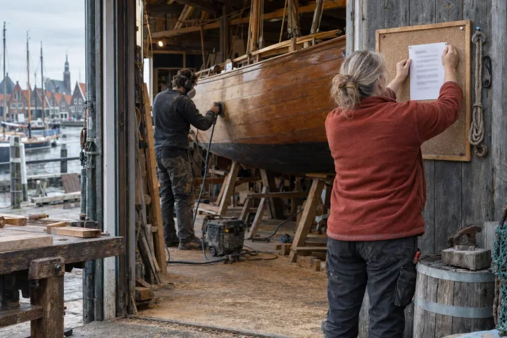 A woman pinning a one-page document to a corkboard at a boatyard door while a man sands the hull of a wooden sailing boat in the shed