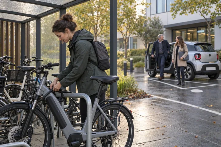 An employee locking an electric bike in a covered bike shelter outside an office while two colleagues get out of a shared car