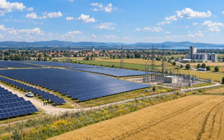 Un parc solaire européen relié à une ville et à un site industriel via le réseau électrique