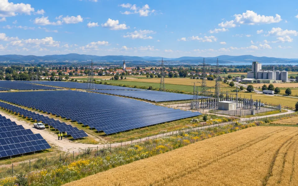 A European solar farm connected to a town and industrial site through the electricity grid