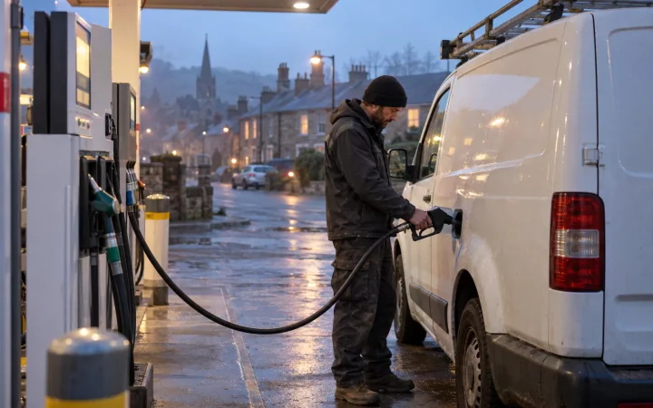 A plumber refuelling a white diesel van at a small-town fuel station at dawn