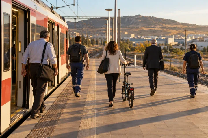 Pendler, die an einem sonnendurchfluteten Bahnsteig am Rand von Madrid aus einem Vorortzug steigen, eine Frau schiebt ein Klapprad neben sich her
