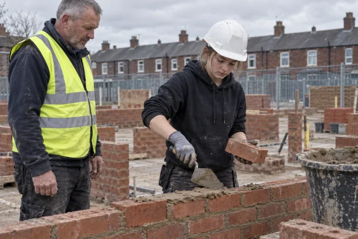 An instructor in a high-visibility vest watching an apprentice in a hard hat lay bricks on a practice wall, with terraced houses behind