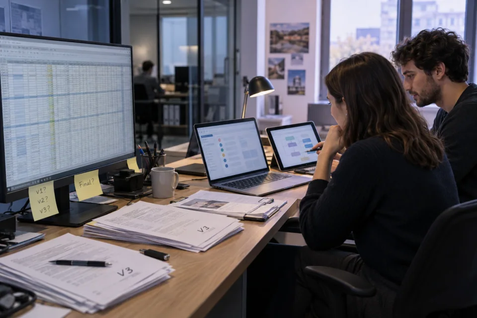 Colleagues comparing a version-heavy spreadsheet with a structured digital workflow