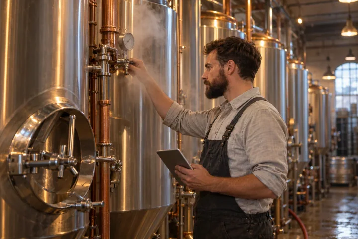 A bearded brewer checking a steam valve on a stainless steel tank in a warmly lit brewhouse, a tablet in his other hand